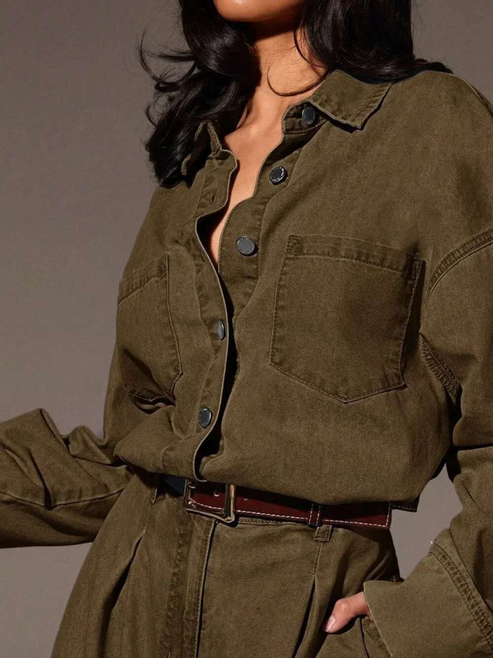 Coffee Brown Casual Women's Denim Loose Button Front Drop Shoulder Jumpsuit